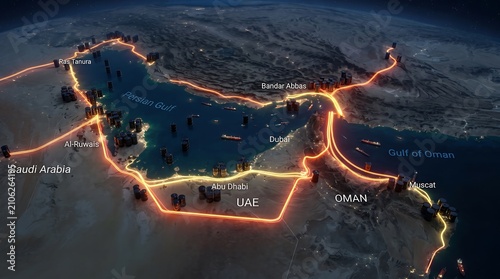 Aerial view of persian gulf oil infrastructure strategic energy trade routes at night satellite perspective
