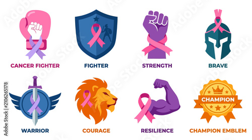 Strength emblems featuring boxing gloves and muscular arms paired with awareness ribbons symbolize the fighting spirit and resilience required to conquer adversity and emerge as a powerful champion.