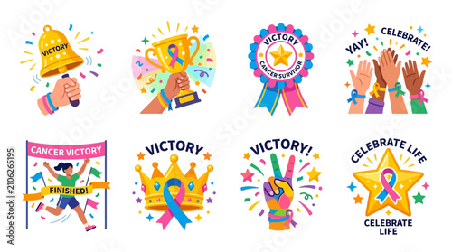 Hands holding trophies and award ribbons celebrate the triumphant victory of people who have overcome difficult health challenges during their personal journey of recovery with joy and great pride.