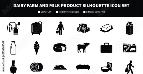 Foto Dairy Farm and Milk Product Silhouette Icon Collection with Agriculture and Anim