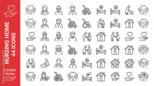 Quadro su tela 44 nursing home line icons with editable stroke for elderly care, health, and compassion design projects