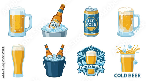 Beer in different containers like mugs, bottles, and cans is presented with ice and splashes to highlight the refreshing nature of cold alcoholic beverages for social gatherings and bar events.
