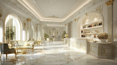 Elegant and Luxurious Interior of a Palace-like Living Space Featuring Marble Floors, Ornate Decor, and Ample Natural Light in a Bright Atmosphere