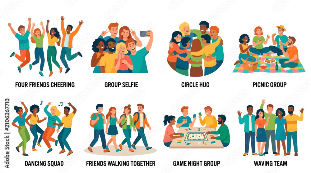 Fototapeta premium Friends engaging in various social activities including cheering, taking group selfies, hugging in circles, picnicking, dancing, walking, playing games, and waving create a sense of community.