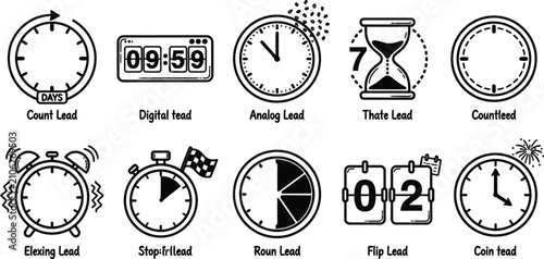 Foto Set of black countdown timer icons and diverse clock designs for web and app interface