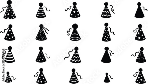 Quadro su tela Pattern of assorted birthday party hats with various textures and decorative pom poms