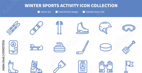 Photography Winter Sports Activity Icon Collection with Equipment and Gear Symbols for Seaso