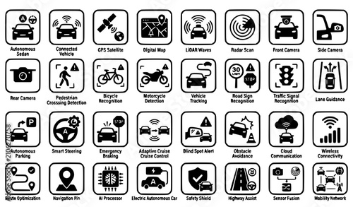 Driverless Vehicle and Intelligent Navigation Black and White Glyph Icon Collection Vector