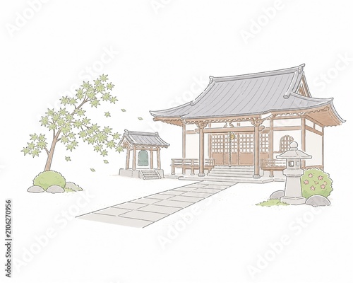 若葉が舞い散る木々のそばに佇む、石灯篭と鐘楼のある伝統的な日本のお寺のイラスト