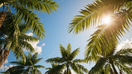 Bright sunlight shines through the green leaves of tall tropical palm trees