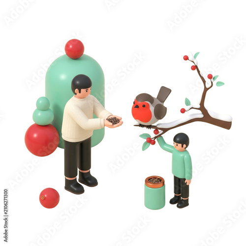 Stylized characters feeding a robin bird in winter garden