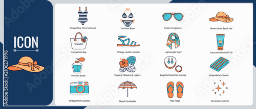 Summer beach collection icon set with vacation elements and accessories, vacation