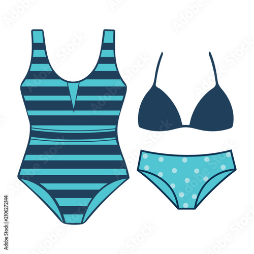 Collection of blue fashionable women swimwear and bikini sets with swimwear, swimsuit