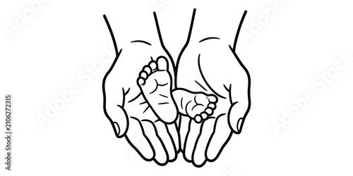Adult hands holding tiny baby feet illustration