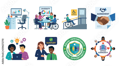 Workplace diversity and inclusion are illustrated through a set of flat vector icons depicting collaborative professional scenarios, accessibility features, and equitable employment practices today.