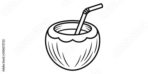 Fresh coconut drink with straw line art icon