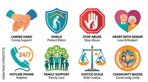 Symbols of elder care and community support advocate for the protection of senior citizens through illustrations of caring hands, family unity, legal justice, and dedicated professional safety.