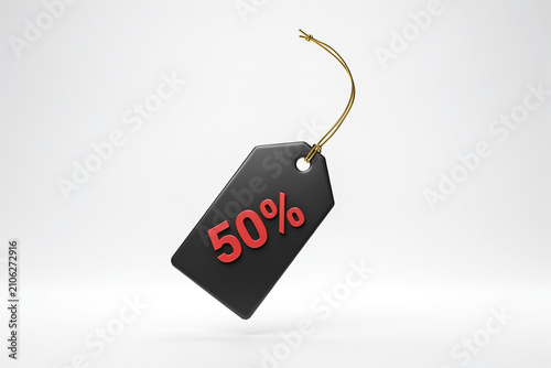 A sleek black price tag displaying a prominent bold red fifty percent off discount symbol with a subtle three dimensional effect suspended from a delicate shiny golden string
