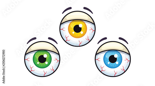 Photos Set of Three Bloodshot Cartoon Eyes in Yellow Green and Blue Colors