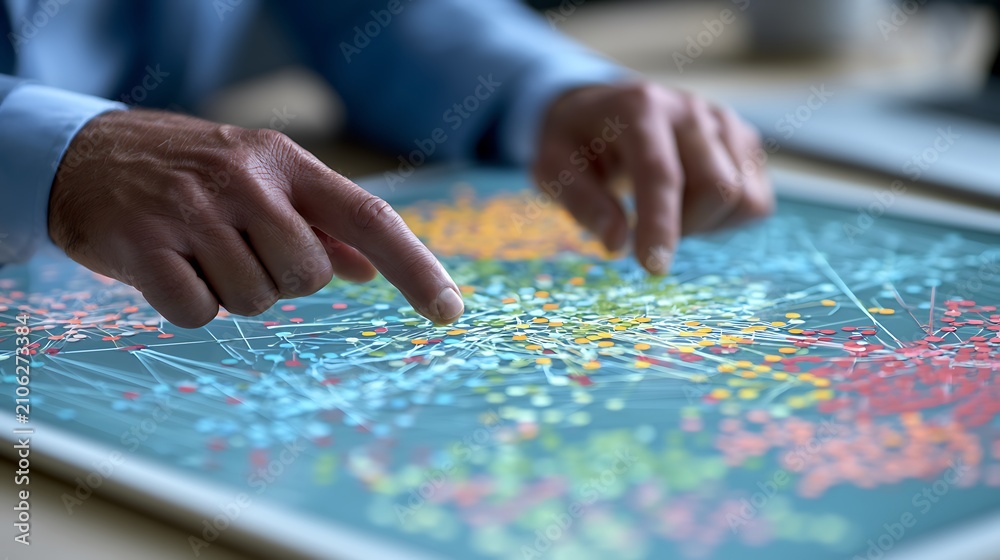 Naklejka premium Businessman analyzing complex network data on interactive digital screen