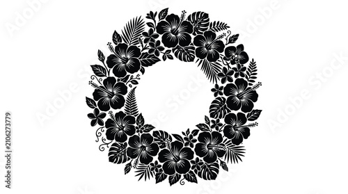 Black floral wreath on white background