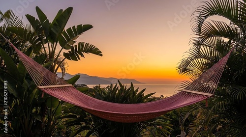 Plakat Tropical Hammock Overlooking Ocean Sunset with Palm Trees