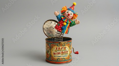 Classic colorful jack in the box toy with a happy clown jumping out of a vintage metal tin container for children play isolated on white background