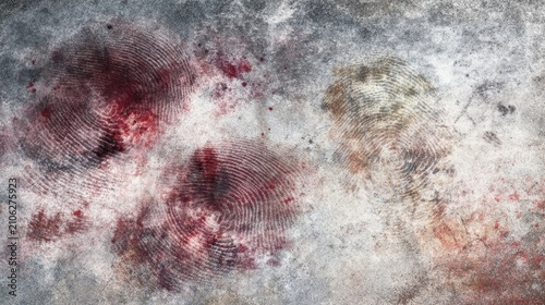 Abstract background featuring fingerprint patterns with splashes of red and earthy tones on a weathered texture