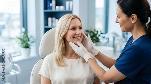 Cosmetic consultation doctor examining woman's face for potential facial rejuvenation procedures