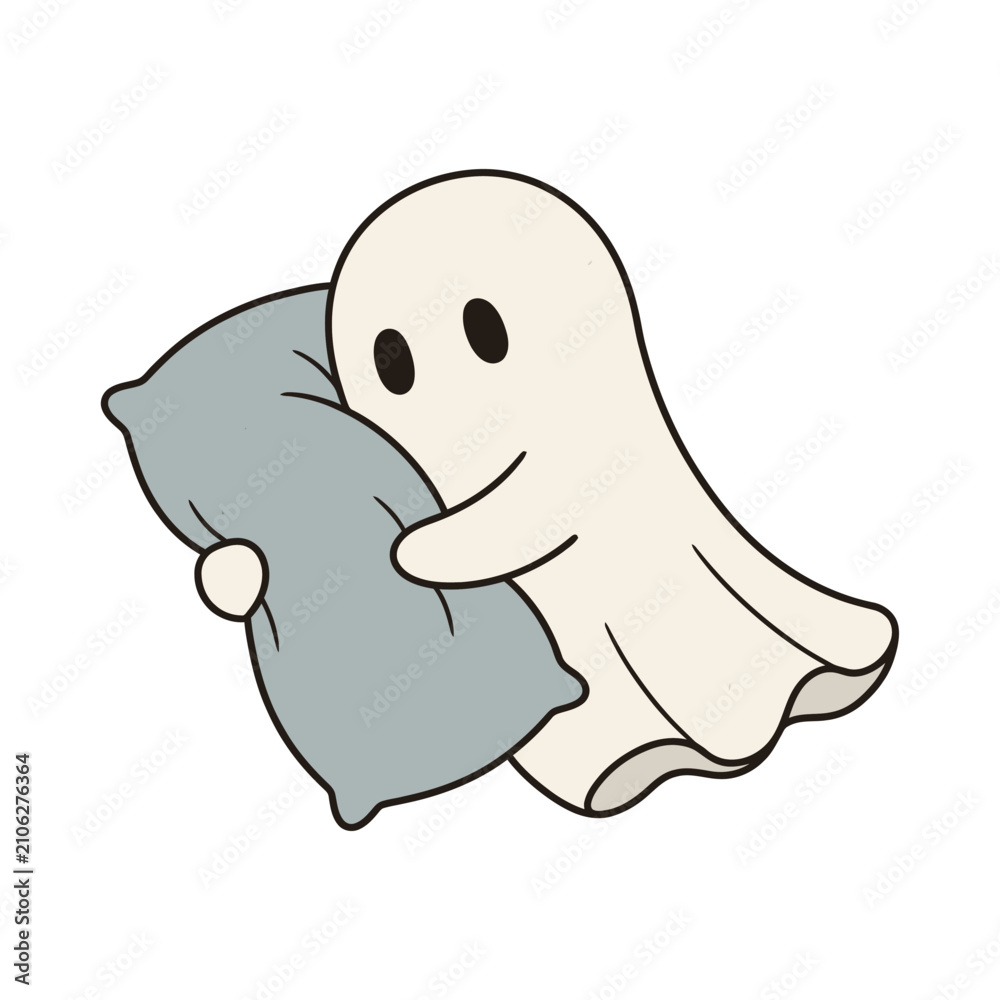 Fototapeta premium Cute cartoon ghost cuddling a pillow with soft charm.