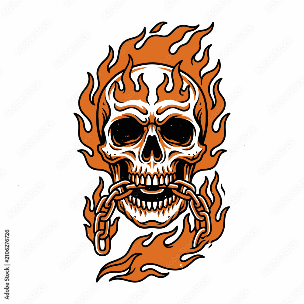 Fototapeta premium Flaming Skull Portrait with Fire and Chains.