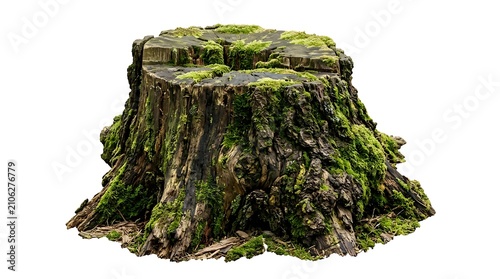 Old mossy tree stump isolated on white background.