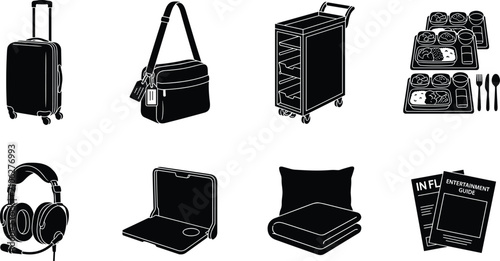 Bild auf Leinwand Aviation Travel and Inflight Service Icon Set Featuring Luggage Meal Trays Headp