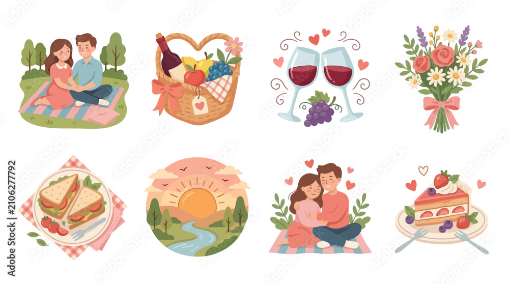 Obraz premium Romantic picnic scenes for couples featuring wine glasses and cake are depicted as a collection of flat digital illustrations illustrating love and leisure activities in a scenic natural environment.