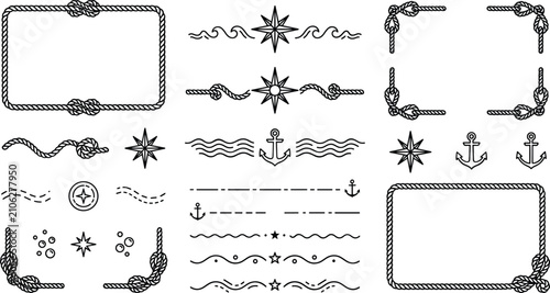 Nautical Rope Frame and Divider Set with Anchor, Compass, Wave, and Knot Border Elements for Marine Design