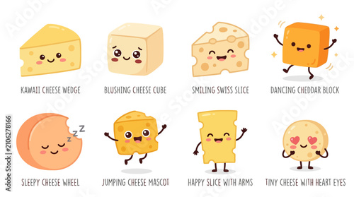 Cheese collection features various dairy products with cute expressive faces and animated limbs arranged as individual icons on a plain white background to create a playful and cheerful food graphic.