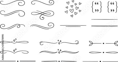 Elegant Calligraphic Divider Set with Swirl Line, Heart, Quotation Mark, and Decorative Underline Elements