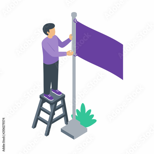 Isometric vector illustration of a man in a purple shirt standing on a grey stepladder while attaching a purple flag to a silver flagpole. Clean vector graphic on white background.