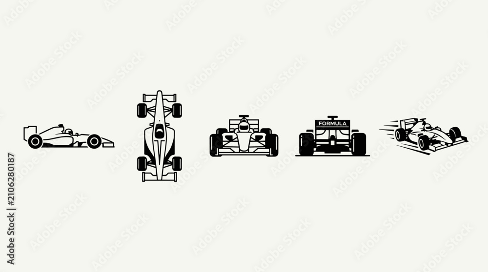 Obraz premium Formula One Racing Car Icons Set in Different Perspectives