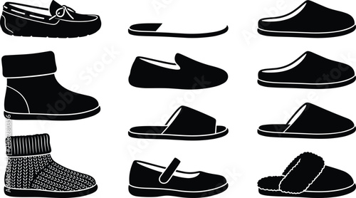 Foto Home Slippers and Cozy Indoor Footwear Silhouette Icon Set for Comfortable Loung