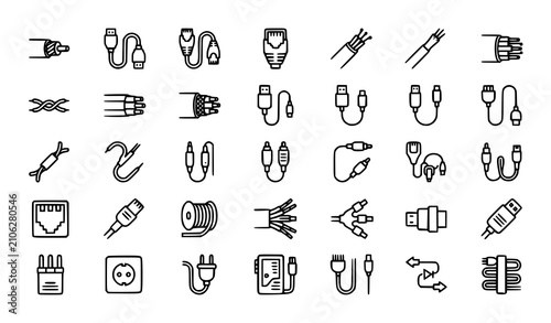Obraz na płótnie Electrical and Network Cable Editable Stroke Outline Icon Set with HDMI Ethernet
