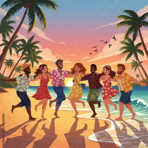 Group of diverse young friends dancing happily together on a sandy beach.