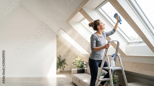 A woman standing on a ladder carefully cleaning a skylight window with a cloth in a bright, modern attic living space.