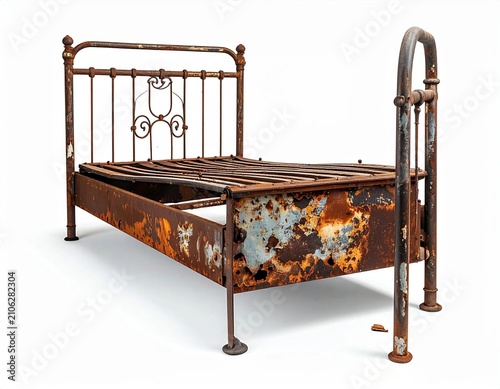 Rusted iron bed frame with broken headboard rail and missing footboard slats on white background