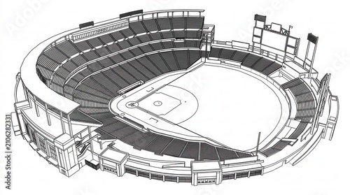 Black and white line art illustration of a large baseball stadium arena viewed from a high angle perspective point