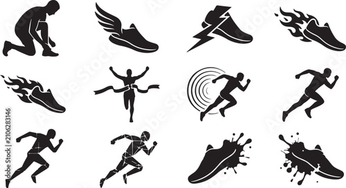 Set of black running icons showing people jogging and sneakers with speed and motion effects