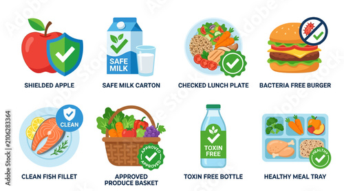 Food safety symbols featuring clean produce and healthy meal options highlight the importance of dietary hygiene through icons like shielded apples and toxin free bottles for consumer protection.