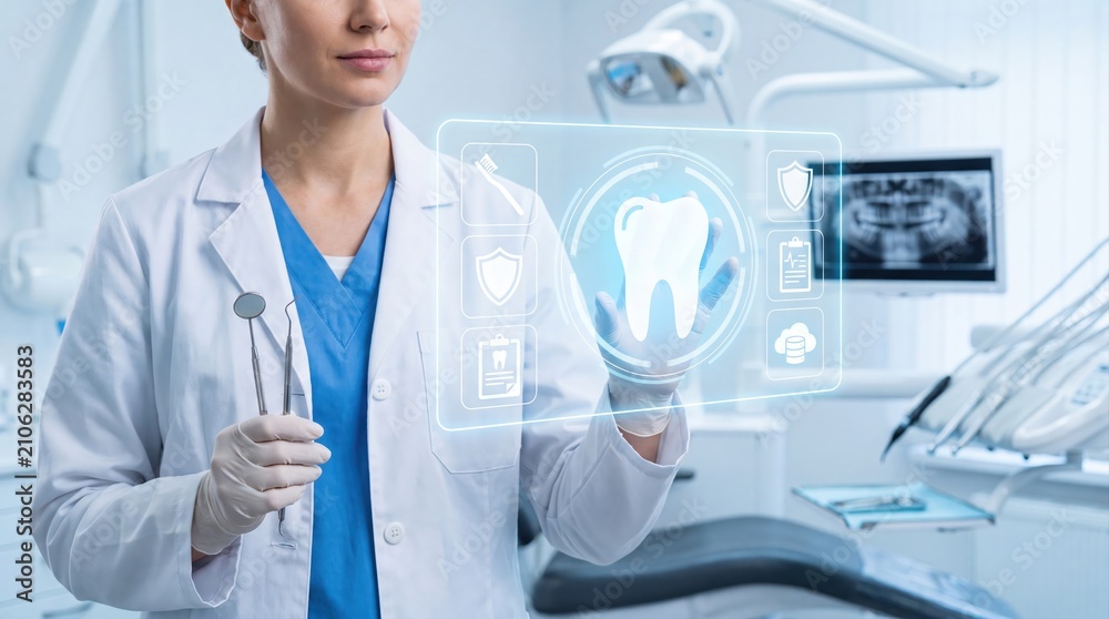 Fototapeta premium Dentist using digital interface for advanced oral health examination analysis