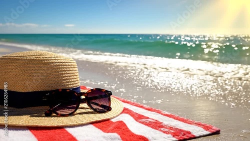 Sun hat and sunglasses resting on a striped towel by the ocean
