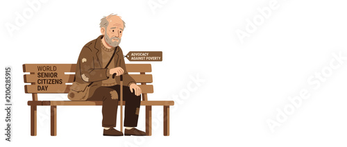 Sad Elderly Man Sitting on Park Bench with Cane